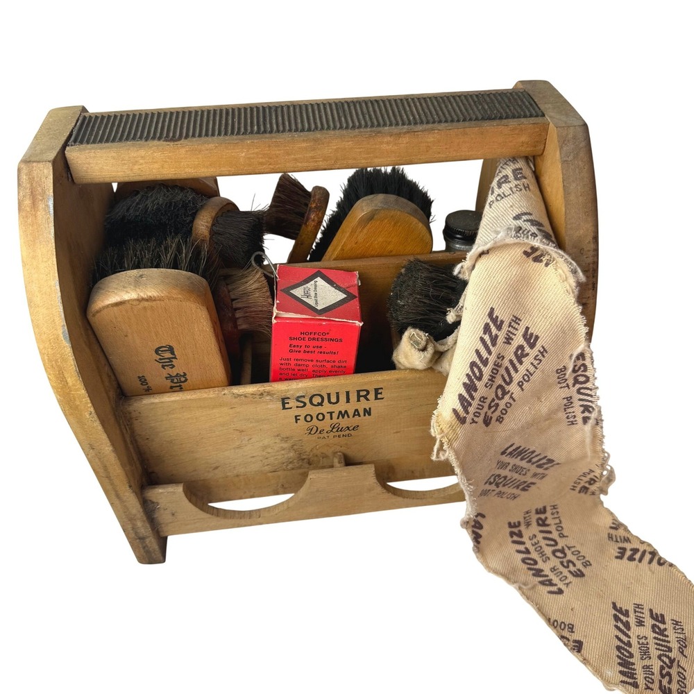 Vintage Esquire Footman De Luxe Wooden Shoe Shine Valet Kit 13pc Lot Brushes